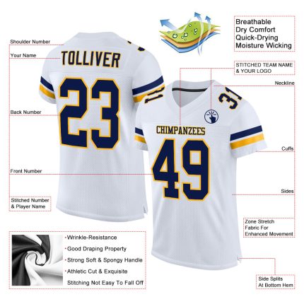 Custom Personalized Authentic Football Jersey - White Navy Gold Mesh with Team Name & Number Personalized White Navy-Gold