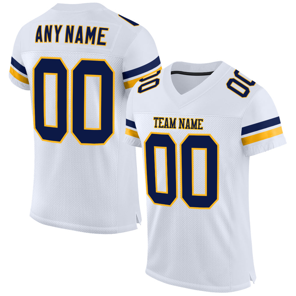 Custom Personalized Authentic Football Jersey - White Navy Gold Mesh with Team Name & Number Personalized White Navy-Gold