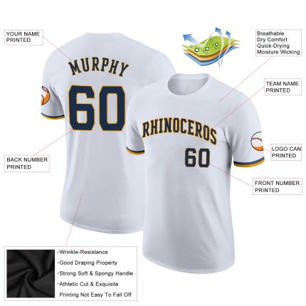 Custom Name and Number Performance T-Shirt for Team - Personalized White Navy-Gold Design Personalized White Navy-Gold Performance