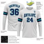 Personalized Team Performance T-Shirt with Custom Name & Number - White Navy Gray-Aqua Long Sleeve Personalized White Navy