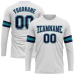 Personalized Team Performance T-Shirt with Custom Name & Number - White Navy Gray-Aqua Long Sleeve Personalized White Navy