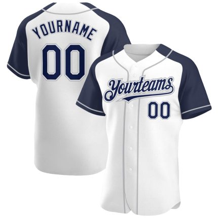 Custom Name and Number Baseball Jersey - Personalized Authentic White Navy-Gray Raglan Sleeves Personalized White Navy-Gray