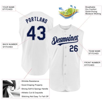Custom Name Number Personalized Sleeveless Baseball Jersey in White Navy Gray - Authentic Team Jersey Personalized White