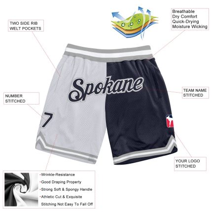 Customizable Basketball Shorts with Name and Number in White Navy-Gray Authentic Throwback Split Design Personalized White