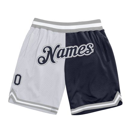 Customizable Basketball Shorts with Name and Number in White Navy-Gray Authentic Throwback Split Design Personalized White