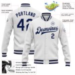 Custom Team Name Number Varsity Letterman Jacket Personalized White Navy-Gray Bomber Full-Snap Personalized White Navy-Gray