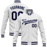 Custom Team Name Number Varsity Letterman Jacket Personalized White Navy-Gray Bomber Full-Snap Personalized White Navy-Gray