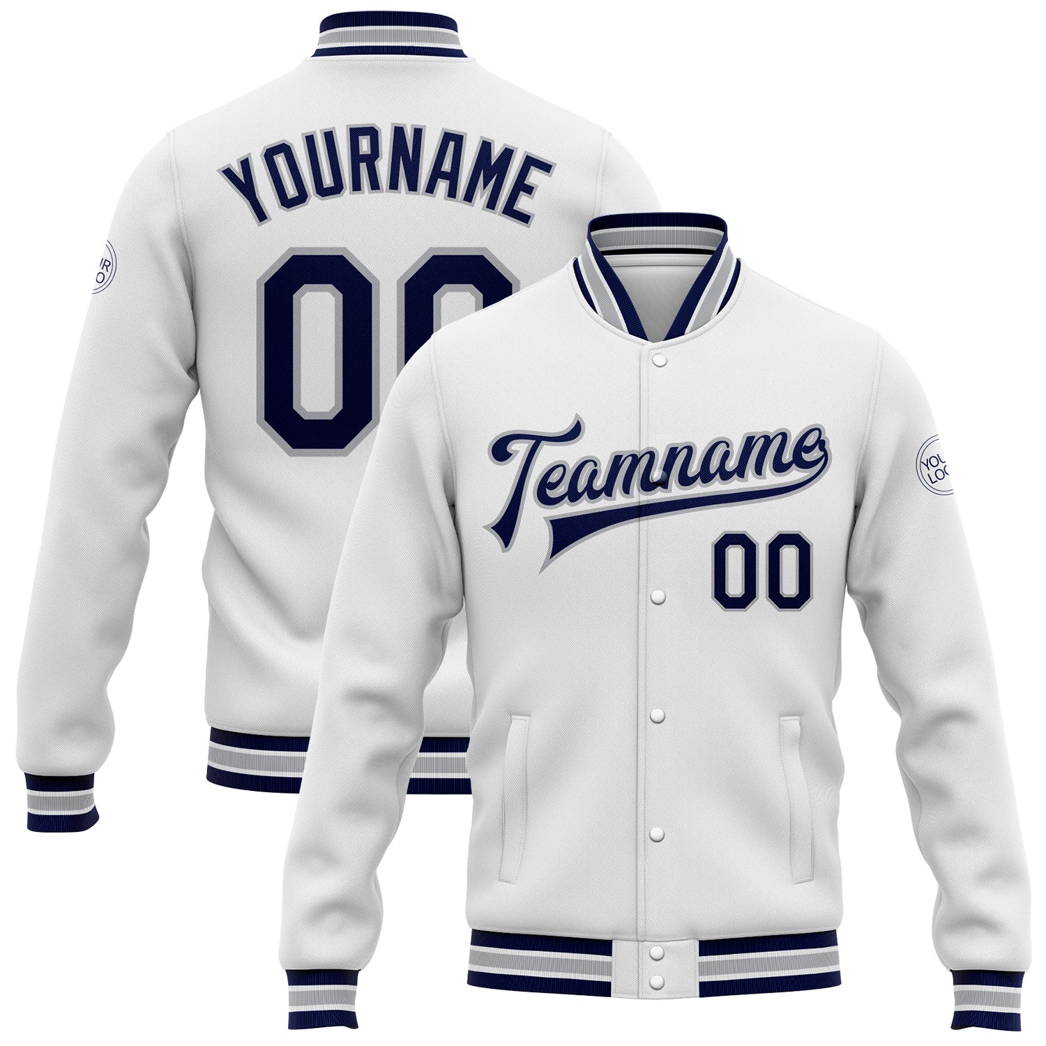 Custom Team Name Number Varsity Letterman Jacket Personalized White Navy-Gray Bomber Full-Snap Personalized White Navy-Gray