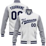 Personalized Two Tone Bomber Varsity Jacket in White Navy Gray Full-Snap Letterman Style Personalized White Navy-Gray Bomber