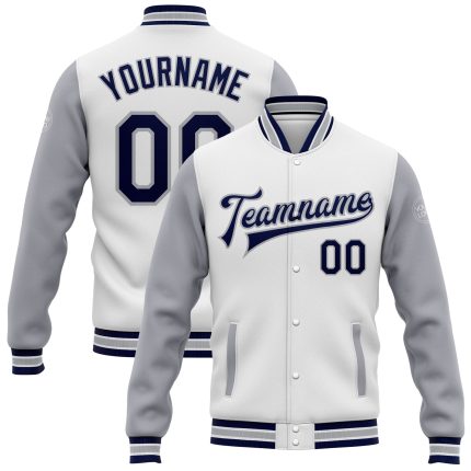 Personalized Two Tone Bomber Varsity Jacket in White Navy Gray Full-Snap Letterman Style Personalized White Navy-Gray Bomber