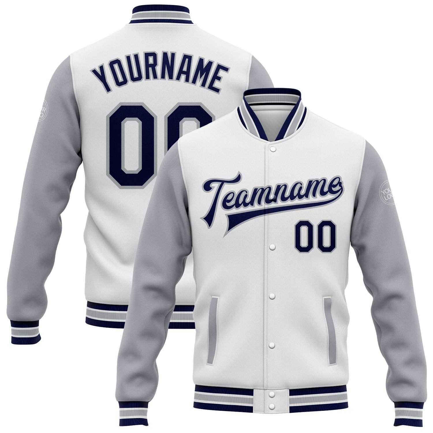 Personalized Two Tone Bomber Varsity Jacket in White Navy Gray Full-Snap Letterman Style Personalized White Navy-Gray Bomber