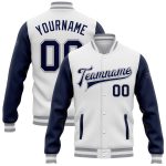 Custom Team Name Number Bomber Jacket Navy Gray Varsity Letterman Full-Snap Personalized Two-Tone Clothing Personalized White