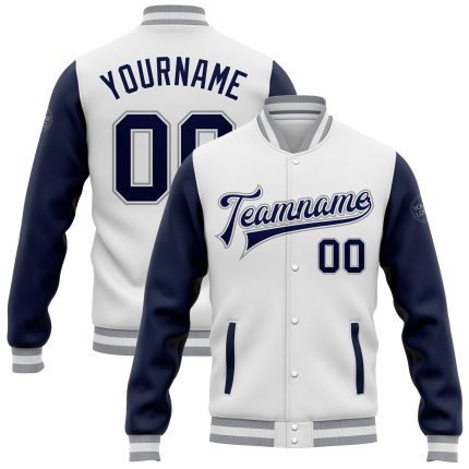 Custom Team Name Number Bomber Jacket Navy Gray Varsity Letterman Full-Snap Personalized Two-Tone Clothing Personalized White