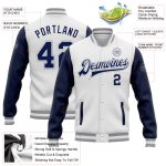 Custom Team Name Number Bomber Jacket Navy Gray Varsity Letterman Full-Snap Personalized Two-Tone Clothing Personalized White