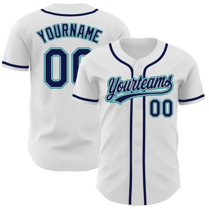 Custom Name and Number Authentic Baseball Jersey in White Navy Gray-Teal - Personalized Team Apparel Personalized White Navy