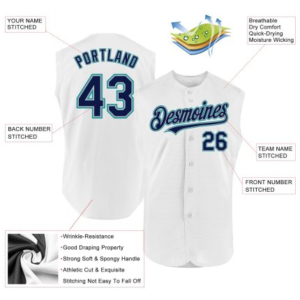 Custom Name and Number Personalized Baseball Jersey - Authentic Sleeveless in White Navy Gray Teal Personalized White Navy