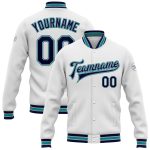 Custom Navy Gray Teal Bomber Varsity Jacket with Personalized Name and Number - Full-Snap Team Letterman Style Personalized
