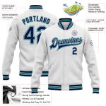 Custom Navy Gray Teal Bomber Varsity Jacket with Personalized Name and Number - Full-Snap Team Letterman Style Personalized