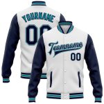 Custom Name Number Two Tone Bomber Jacket Navy Gray Teal Full-Snap Varsity Letterman Personalized Team Apparel Personalized