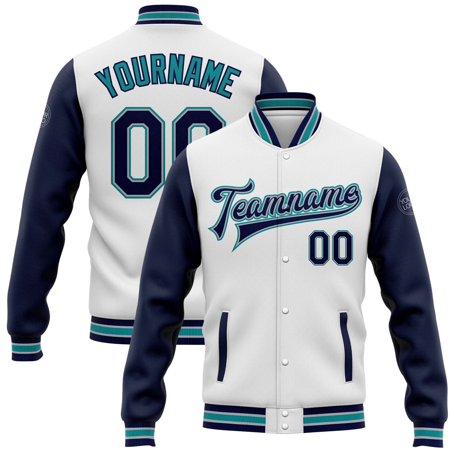 Custom Name Number Two Tone Bomber Jacket Navy Gray Teal Full-Snap Varsity Letterman Personalized Team Apparel Personalized
