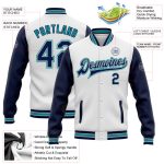 Custom Name Number Two Tone Bomber Jacket Navy Gray Teal Full-Snap Varsity Letterman Personalized Team Apparel Personalized
