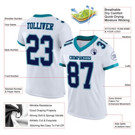Custom Authentic Football Jersey with Personalized Name and Number - White Navy Gray Teal Mesh Personalized White Navy Gray-Teal