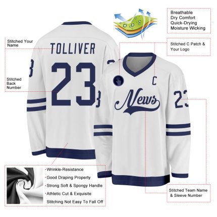 Custom Name Number Hockey Jersey - Personalized White Navy Team Jersey Personalized White Navy Hockey Jersey Team Custom