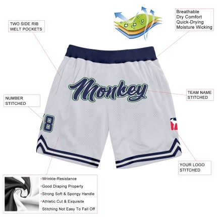 Custom Team Basketball Shorts - Personalized with Name & Number, White Navy-Hunter Green Authentic Throwback Design Personalized