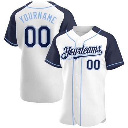 Custom Name Number Baseball Jersey - Personalized White Navy-Light Blue Authentic Raglan Sleeves Team Apparel Personalized