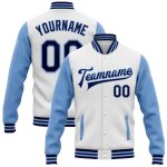 Personalized Two Tone Bomber Jacket Navy Light Blue Full-Snap Varsity Letterman Personalized White Navy-Light Blue Bomber
