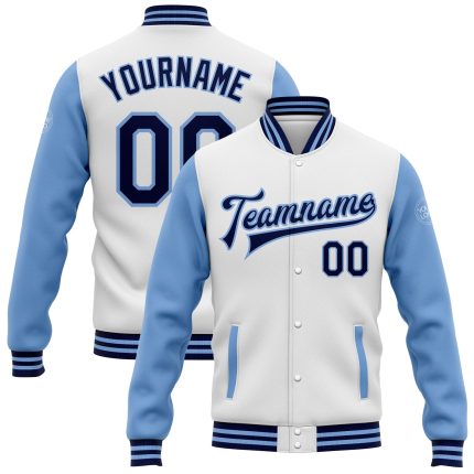 Personalized Two Tone Bomber Jacket Navy Light Blue Full-Snap Varsity Letterman Personalized White Navy-Light Blue Bomber