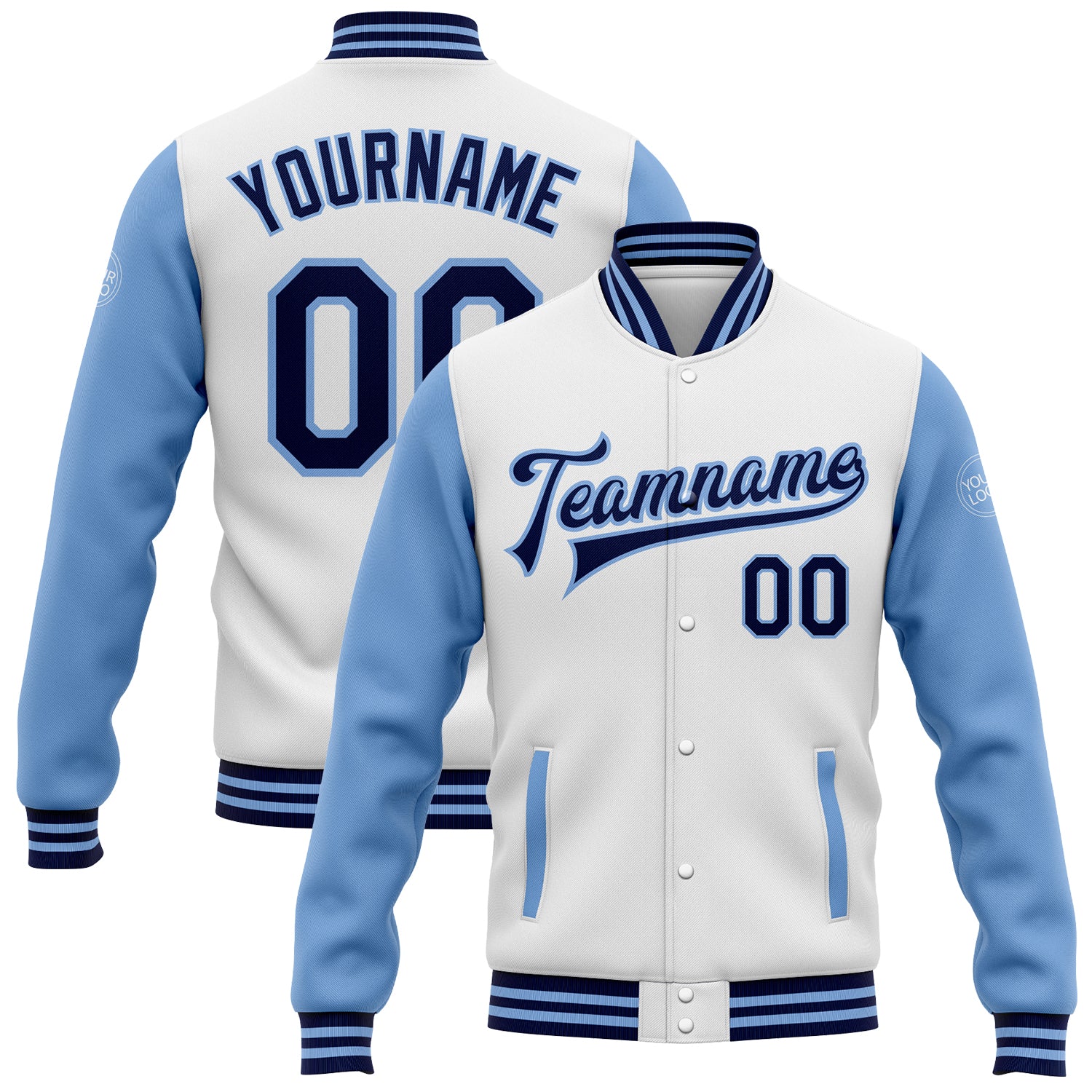 Personalized Two Tone Bomber Jacket Navy Light Blue Full-Snap Varsity Letterman Personalized White Navy-Light Blue Bomber