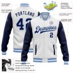 Custom Name Number Two Tone Varsity Letterman Bomber Jacket - Personalized White Navy Light Blue Full-Snap Team Apparel Personalized