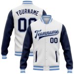 Custom Name Number Two Tone Varsity Letterman Bomber Jacket - Personalized White Navy Light Blue Full-Snap Team Apparel Personalized