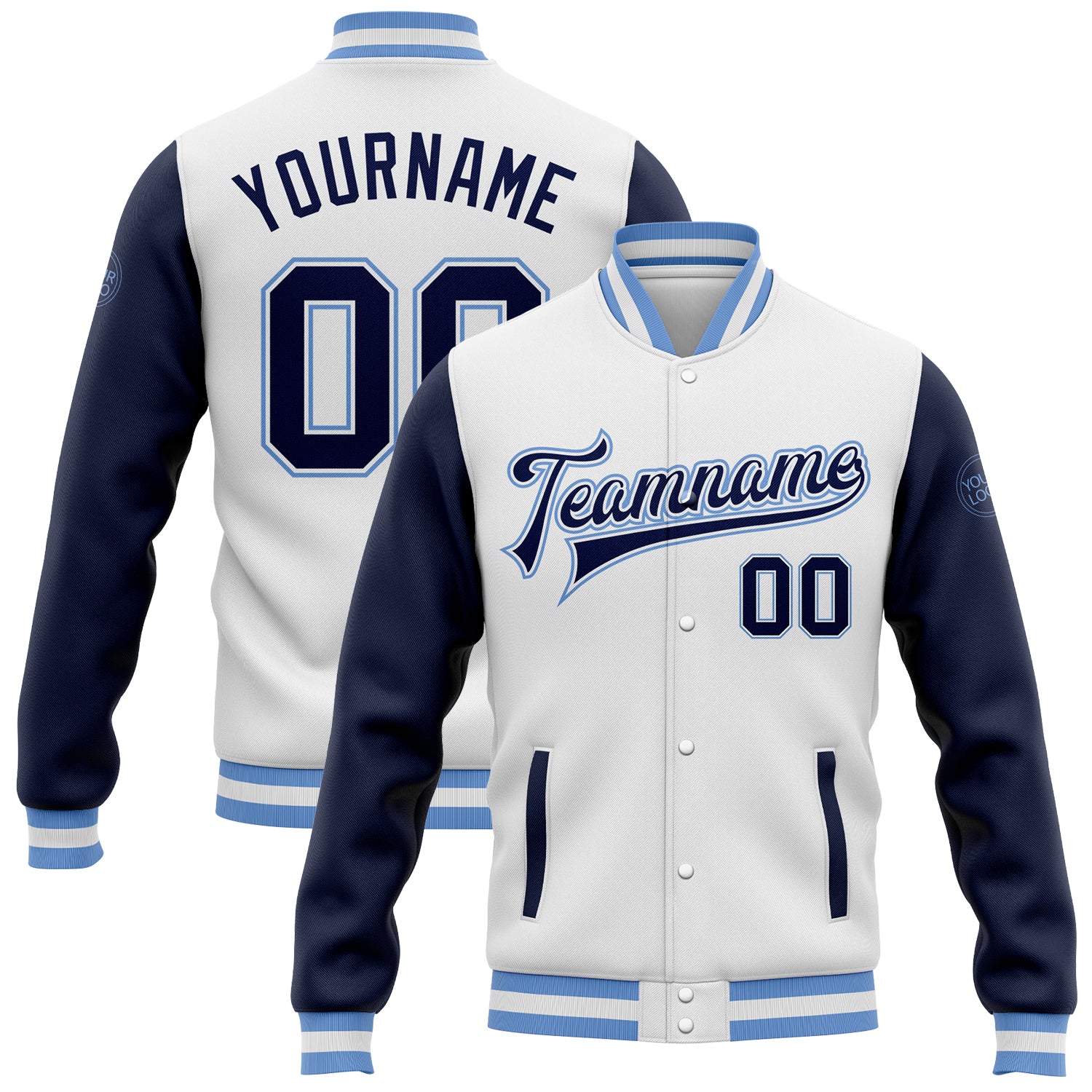 Custom Name Number Two Tone Varsity Letterman Bomber Jacket - Personalized White Navy Light Blue Full-Snap Team Apparel Personalized