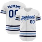 Custom Team Baseball Jersey with Personalized Name and Number in White Navy Light Blue Line Design Personalized White Navy-Light