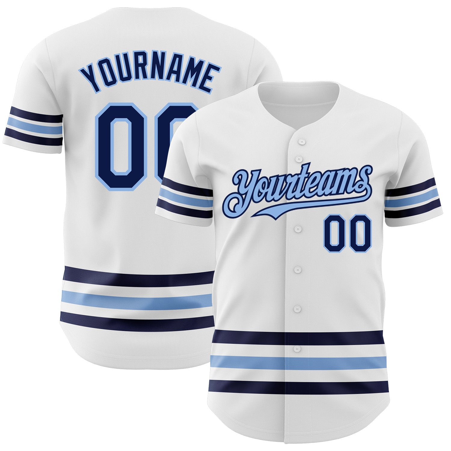Custom Team Baseball Jersey with Personalized Name and Number in White Navy Light Blue Line Design Personalized White Navy-Light