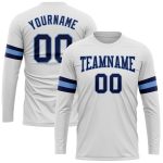 Custom Personalized Team Long Sleeve Performance T-Shirt with Name and Number in White Navy-Light Blue Personalized White