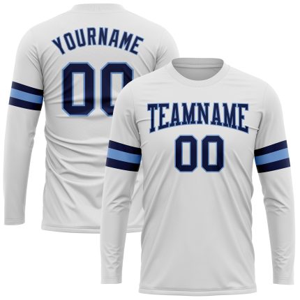 Custom Personalized Team Long Sleeve Performance T-Shirt with Name and Number in White Navy-Light Blue Personalized White