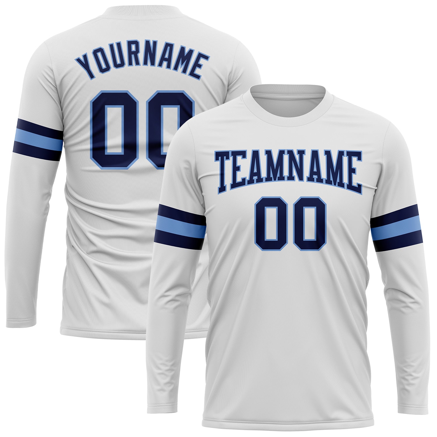 Custom Personalized Team Long Sleeve Performance T-Shirt with Name and Number in White Navy-Light Blue Personalized White