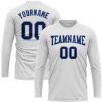Custom Personalized Team Long Sleeve Performance T-Shirt with Name and Number in White Navy-Light Blue Personalized White