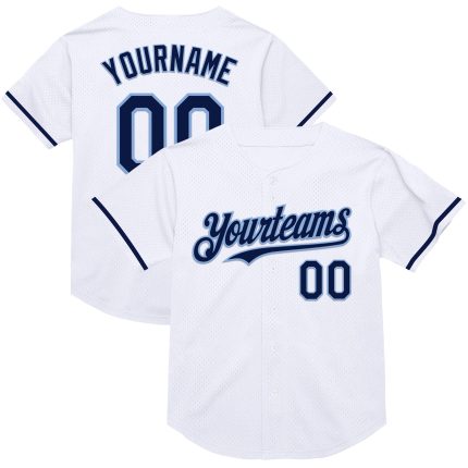 Custom Mesh Baseball Jersey - Personalized Throwback Design with Name and Number in White, Navy, Light Blue Personalized