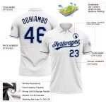 Custom Team Name Number White Navy Light Blue Golf Polo Shirt Performance Vapor Personalized White Navy-Light Blue Performance
