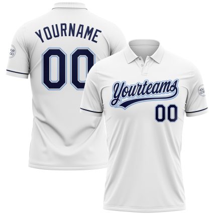 Custom Team Name Number White Navy Light Blue Golf Polo Shirt Performance Vapor Personalized White Navy-Light Blue Performance