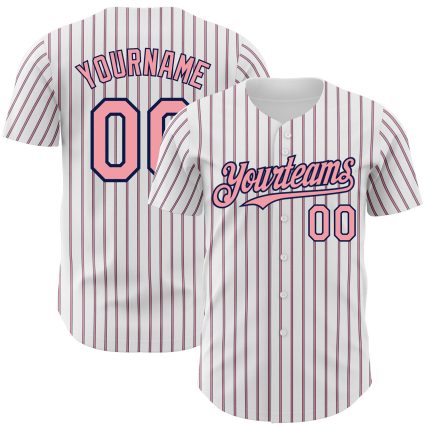 Custom Name and Number Medium Pink-Navy Authentic Baseball Jersey - Personalized White Navy Pinstripe Design Personalized