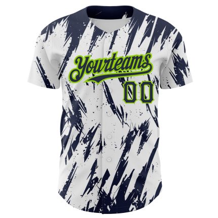 Customizable 3D Pattern Baseball Jersey - White Navy Neon Green Abstract Design, Team Name & Number, Authentic Apparel Personalized