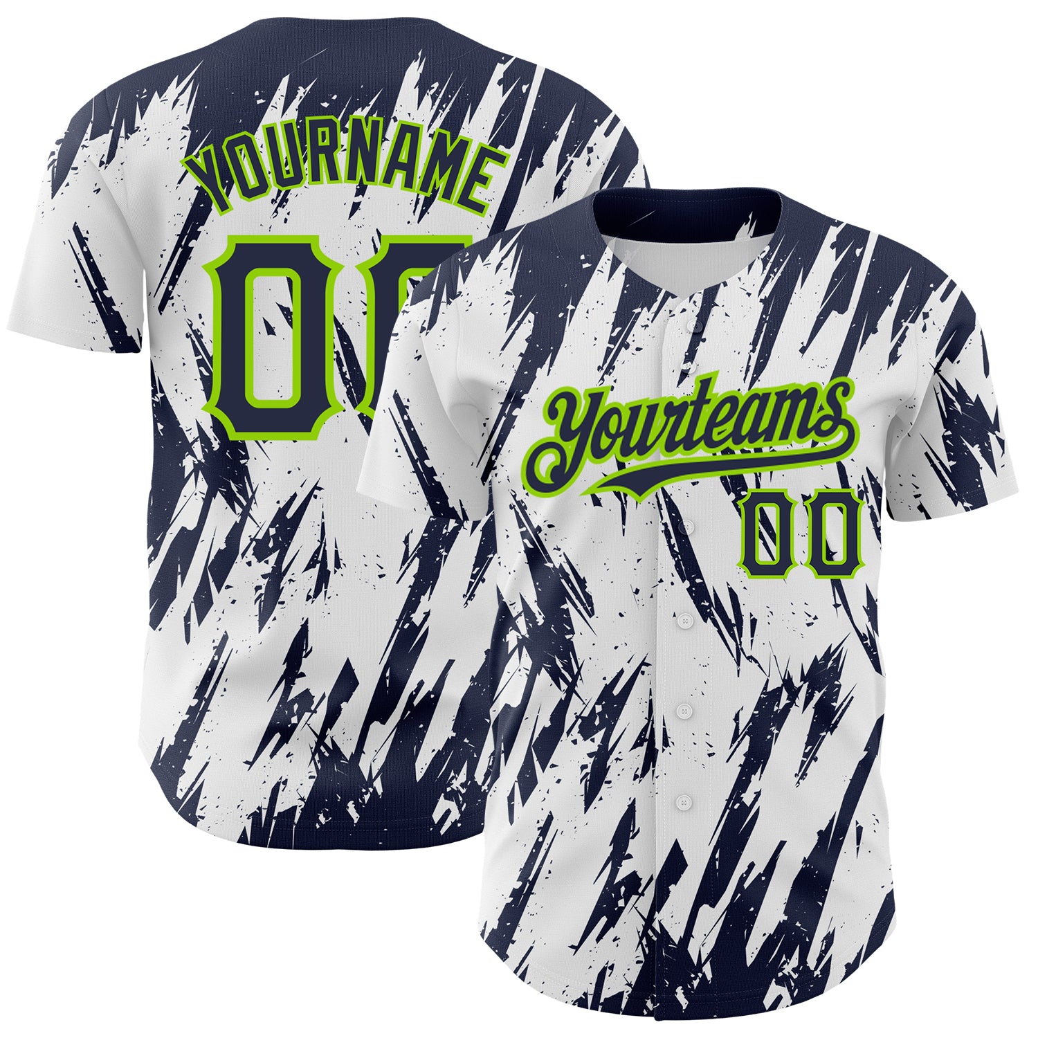 Customizable 3D Pattern Baseball Jersey - White Navy Neon Green Abstract Design, Team Name & Number, Authentic Apparel Personalized
