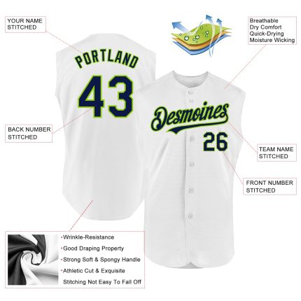 Custom Personalized Baseball Jersey with Name and Number - White Navy Neon Green Sleeveless Authentic Design Personalized