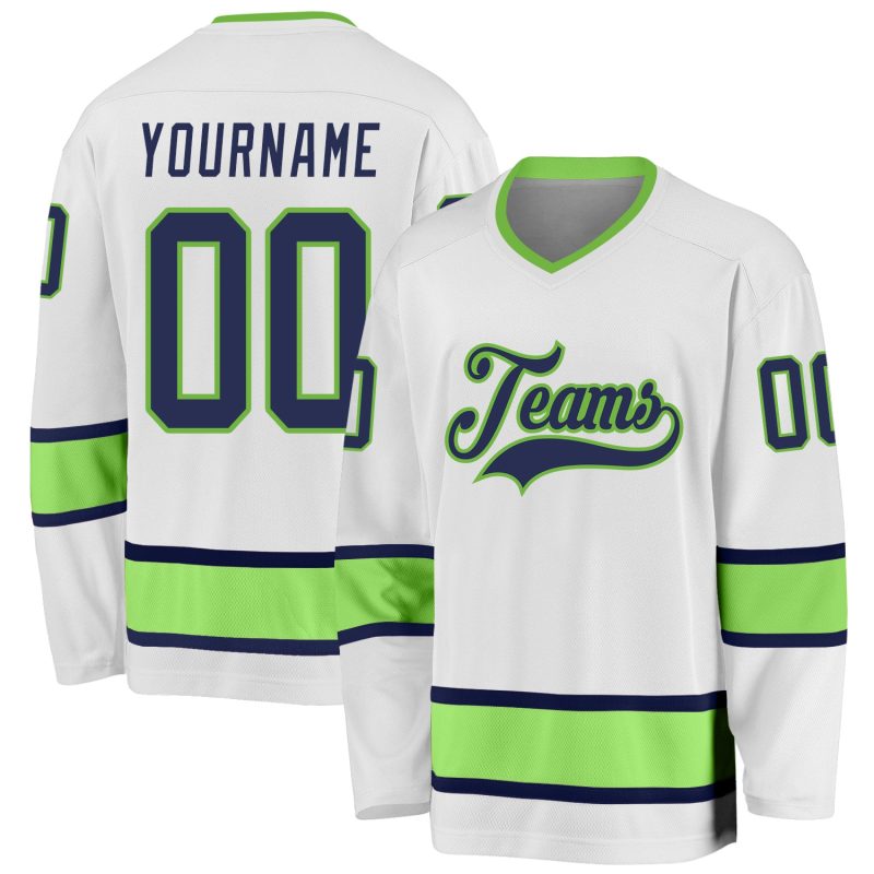 Customizable Hockey Jersey - Personalized Navy-Neon Green with Team Name & Number, White Design Personalized White Navy-Neon