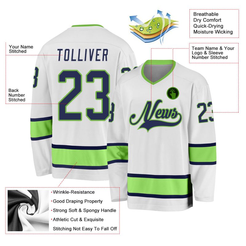 Customizable Hockey Jersey - Personalized Navy-Neon Green with Team Name & Number, White Design Personalized White Navy-Neon